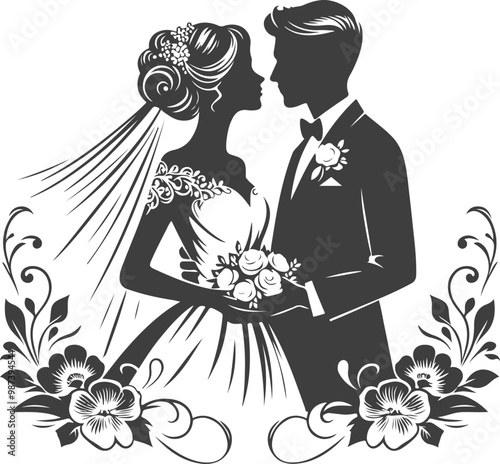 wedding husband wife, romantic couple, and Kissing couple silhouette vector design