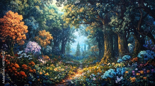 Vibrant Photorealistic Forest Landscape with Colorful Flora