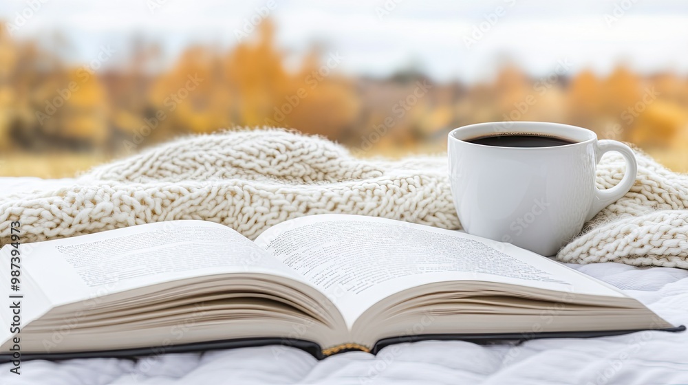 Enjoy a peaceful winter moment with an open book, a warm cup of coffee, and a soft blanket, all surrounded by twinkling lights for a cozy atmosphere Enjoy a peaceful winter moment with an open book, a warm cup of coffee, and a soft blanket, all surrounded by twinkling lights for a cozy atmosphere