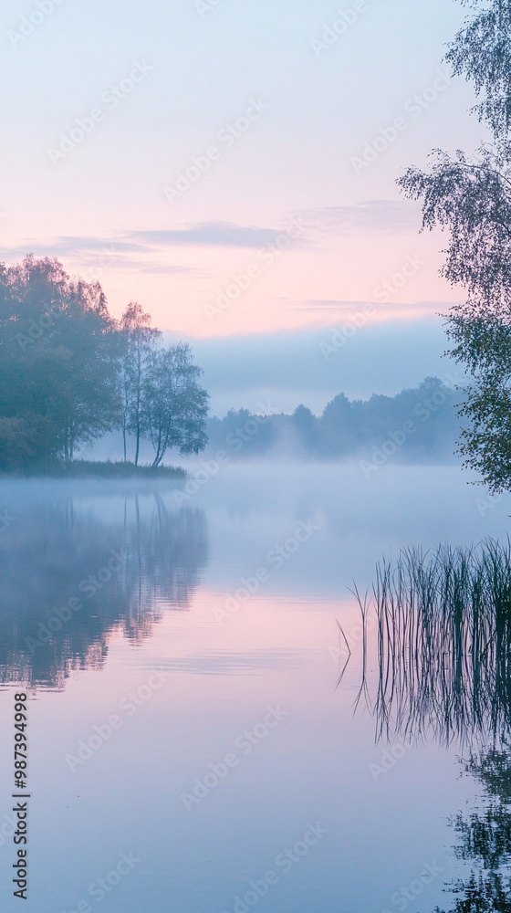 Fototapeta premium Serene Dawn Over a Foggy Lake Landscape