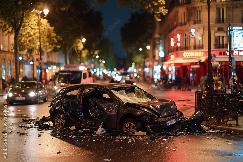 Obraz premium Heavily damaged car in the middle of a busy street