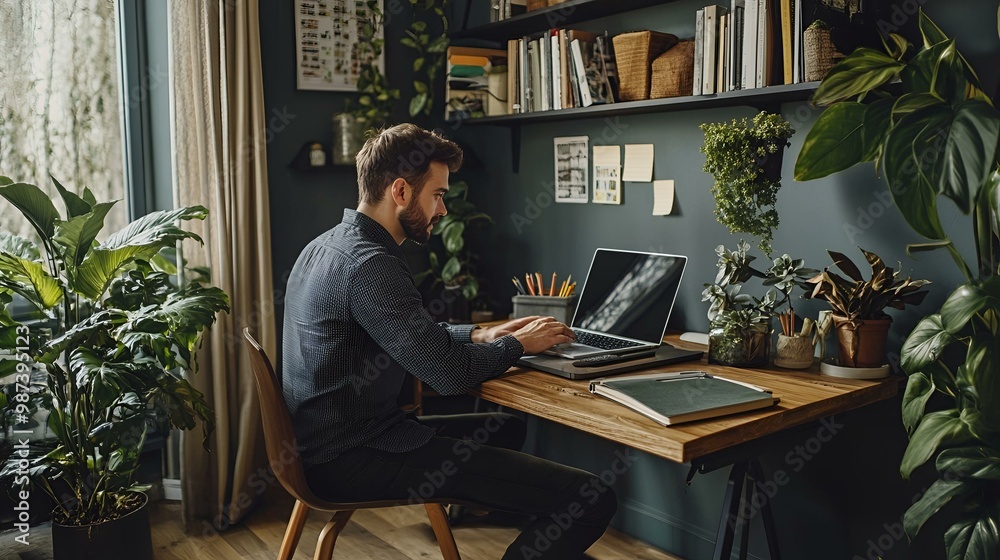 Serene Home Office Space with Abundant Greenery and Modern Wooden Furniture, Perfect for Remote Work and Productivity.