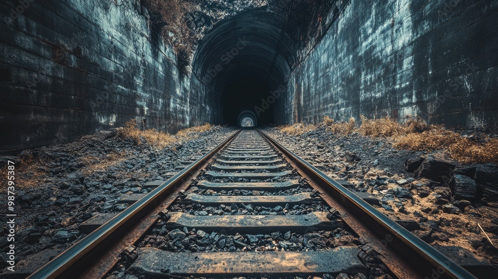 Naklejka premium A dramatic shot of train tracks leading into a long, dark tunnel, highlighting the mystery and anticipation of underground travel.