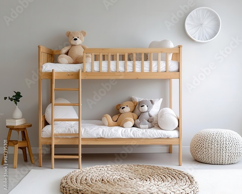 Children's bunk bed in birch wood with minimalist style, soft neutral tones and space-saving design photo