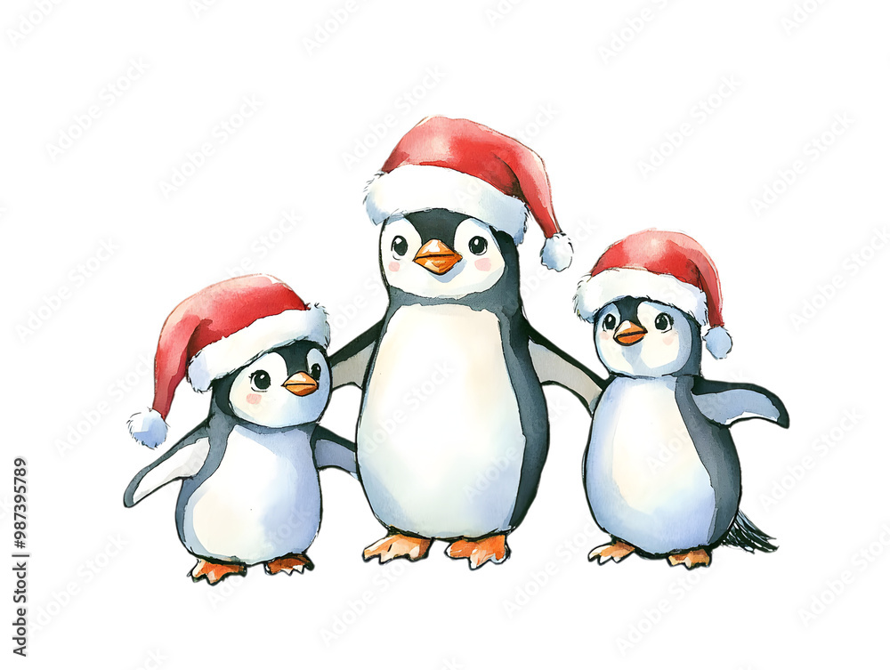 Fototapeta premium Cute Penguins in Santa Hats for Christmas Celebration