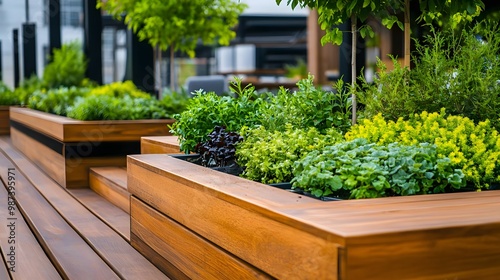 Lush green plants in wooden planters on deck