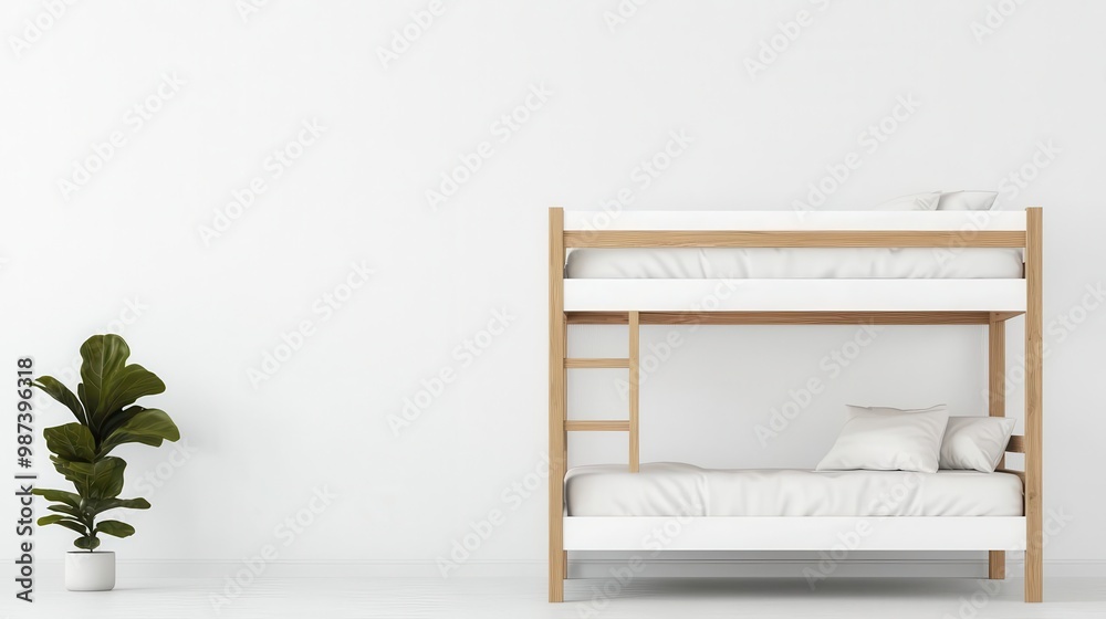 Minimalist children's bunk bed in white with soft textures, simple ladder and safety rails, space-efficient Minimalist children's bunk bed in white with soft textures, simple ladder and safety rails, space-efficient