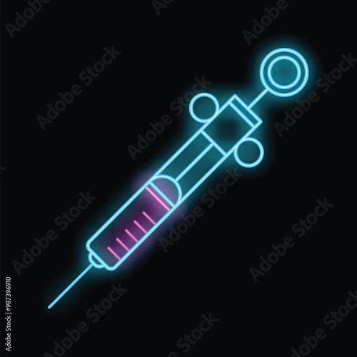 Glowing neon line syringe icon isolated on a black background for your design, concept of healthcare, treatment, vaccination