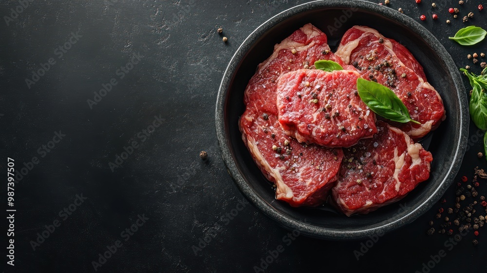 Raw beef steaks rest in a dark bowl, adorned with spices and fresh basil leaves Raw beef steaks rest in a dark bowl, adorned with spices and fresh basil leaves