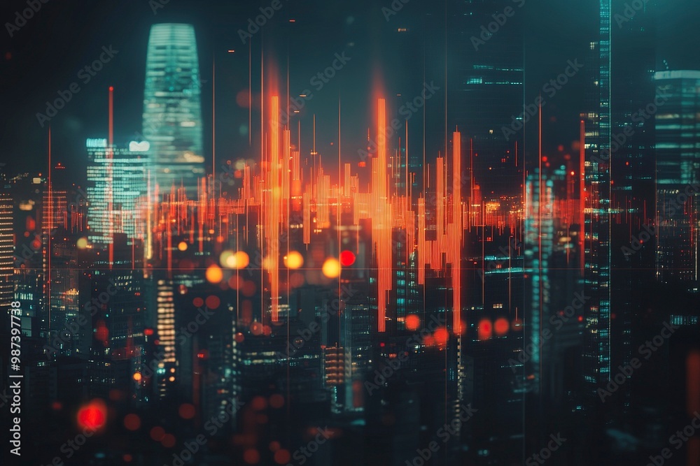 Abstract falling candlestick forex graph and dollar on blurry city wallpaper. Crisis and finance concept. generative ai Abstract falling candlestick forex graph and dollar on blurry city wallpaper. Crisis and finance concept. generative ai