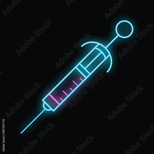 Neon blue syringe glowing on a dark background, representing medical concepts