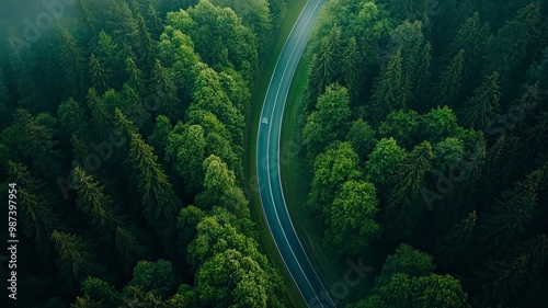 Aerial top view road in forest with car motion blur. Winding road through the forest. Car drive on the road between green forest. Ecosystem ecology healthy environment road trip. generative ai