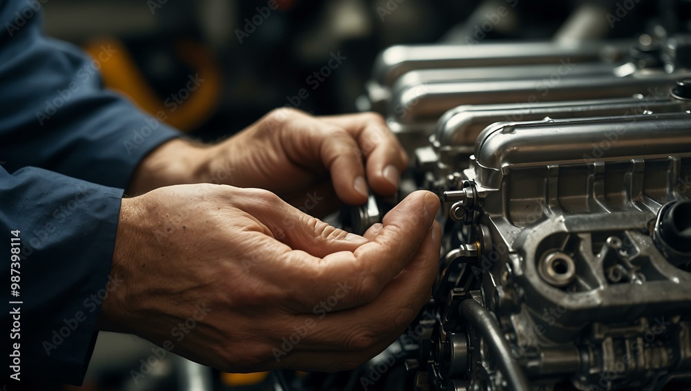 Mechanic's hands focused on a car engine, highlighting precision and detail. Mechanic's hands focused on a car engine, highlighting precision and detail.