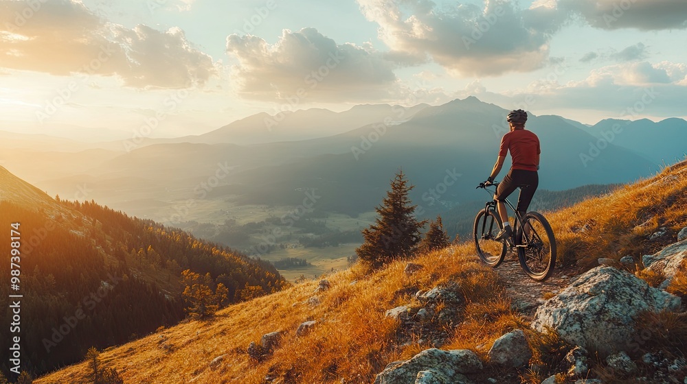 Fototapeta premium Cyclist taking a break on a mountain trail, with ample space in the scenic view for copy.