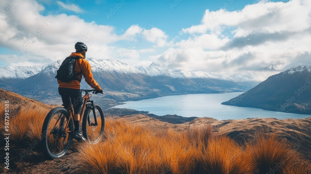 Fototapeta premium Cyclist taking a break on a mountain trail, with ample space in the scenic view for copy.