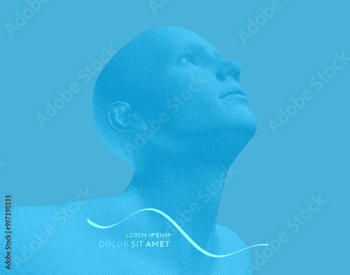 Abstract man head made from dots. Side view of dotted face background. Facial recognition. 3D vector illustration for cover, card, postcard, banner, poster, brochure or presentation.