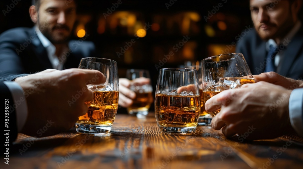 Close-up of a businessman giving a presentation, a glass of whiskey in hand, as the team drinks and discusses strategies around a table filled with bottles Close-up of a businessman giving a presentation, a glass of whiskey in hand, as the team drinks and discusses strategies around a table filled with bottles