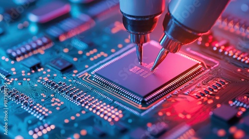 Close-up of microchips being placed on a circuit board by a high-speed robotic arm