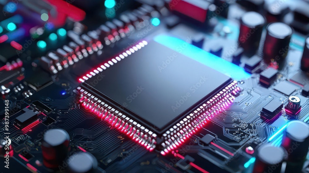 Microchip assembly on an automated production line, sleek and precise technology Microchip assembly on an automated production line, sleek and precise technology