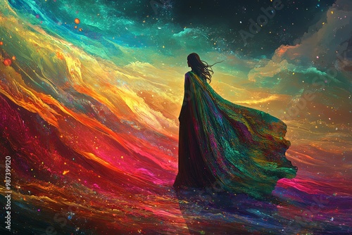 A mysterious figure in a flowing cloak stands against a vibrant cosmic backdrop, exuding an ethereal presence.