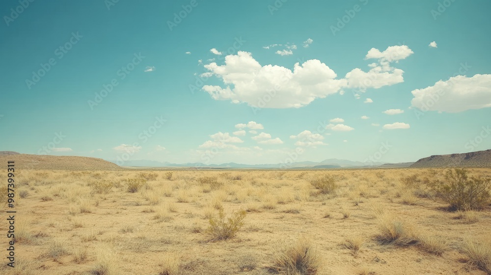Fototapeta premium Dry desert field with sparse vegetation, providing ample sky space for text above.