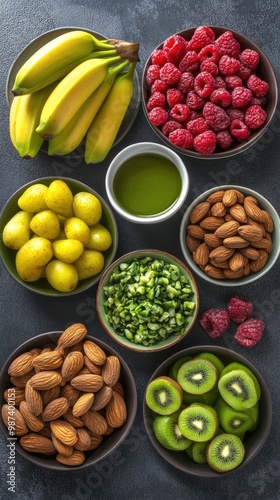 Experience the vibrant colors and textures of dried fruits and nuts arranged in a bowl, perfect for Eid al-Fitr. The dark background provides space for personalized messages