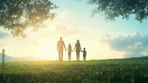 Family walking hand-in-hand through a park, with open sky and grassy space for text.