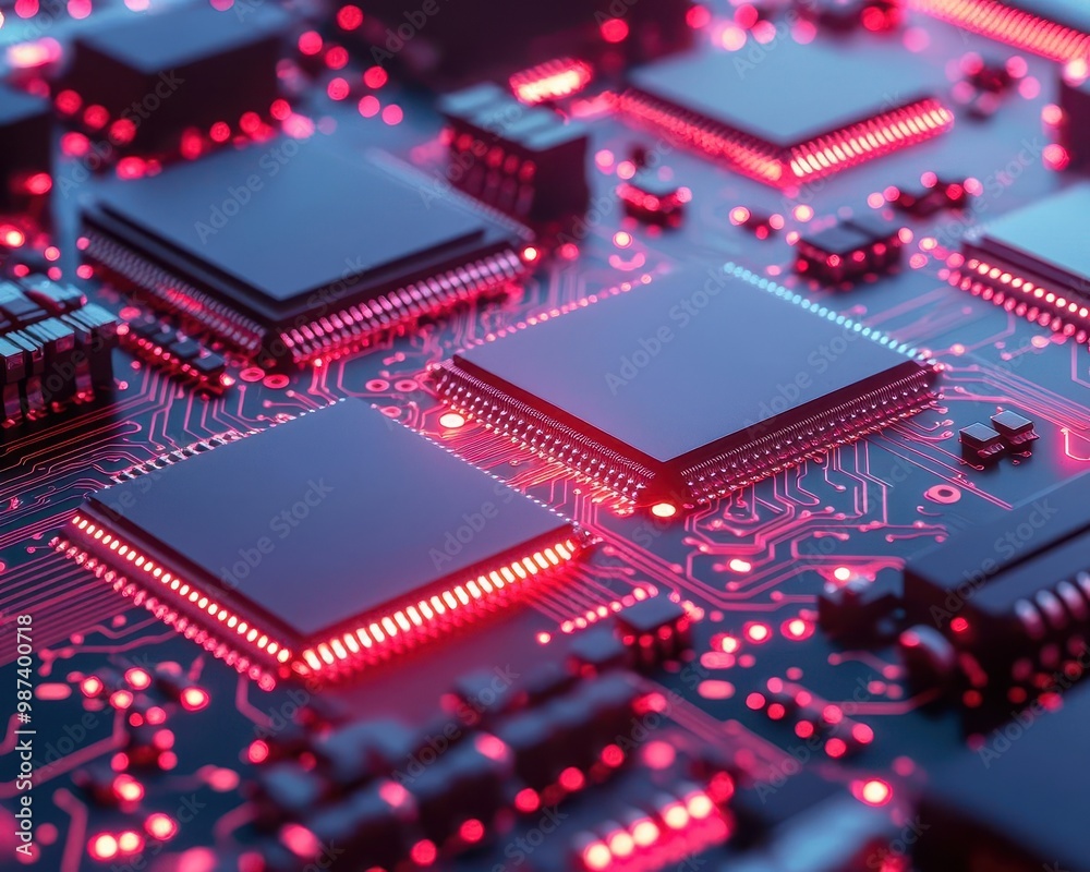 Close-up of microchip production on a conveyor belt, high precision and minimalistic design Close-up of microchip production on a conveyor belt, high precision and minimalistic design