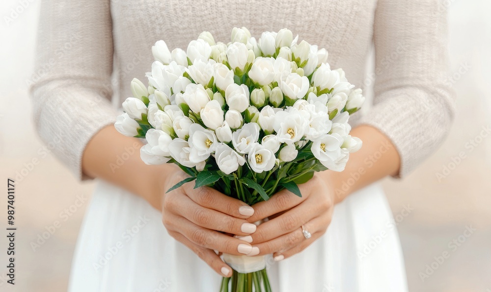 A beautiful bouquet of white flowers held gently by a woman in a soft, elegant outfit, perfect for capturing moments of joy. A beautiful bouquet of white flowers held gently by a woman in a soft, elegant outfit, perfect for capturing moments of joy.