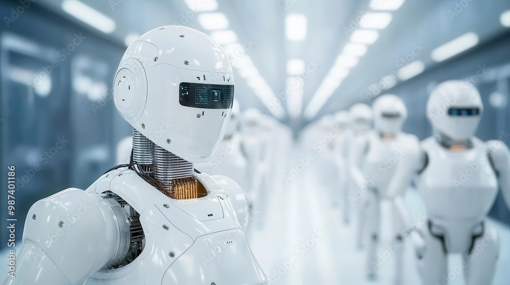 Automated factory with robots assembling electronic components on a high-tech production line Automated factory with robots assembling electronic components on a high-tech production line