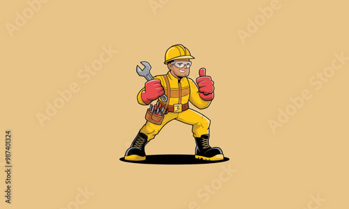 Confident construction worker with wrench and thumbs up vector.