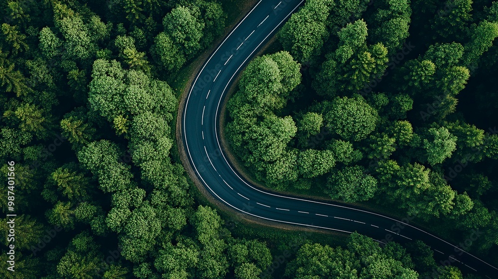 Aerial top view road in forest with car motion blur. Winding road through the forest. Car drive on the road between green forest. Ecosystem ecology healthy environment road trip. generative ai Aerial top view road in forest with car motion blur. Winding road through the forest. Car drive on the road between green forest. Ecosystem ecology healthy environment road trip. generative ai