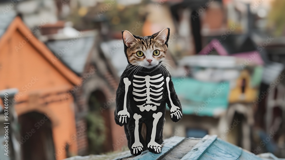 Eerie skeleton cat in a costume standing on a rooftop against a moody Halloween themed background at dusk The feline silhouette creates a spooky haunting atmosphere perfect for horror holiday Eerie skeleton cat in a costume standing on a rooftop against a moody Halloween themed background at dusk The feline silhouette creates a spooky haunting atmosphere perfect for horror holiday