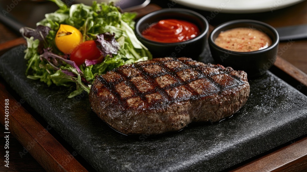 A mouthwatering steak served on a hot stone, surrounded by fresh salad and dipping sauces, showcasing a trendy dining experience. A mouthwatering steak served on a hot stone, surrounded by fresh salad and dipping sauces, showcasing a trendy dining experience.
