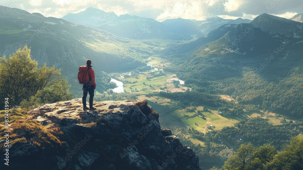 Fototapeta premium Flat lay of a hiker standing on a rocky mountain top, looking out over a vast valley filled with rolling hills and dense forests