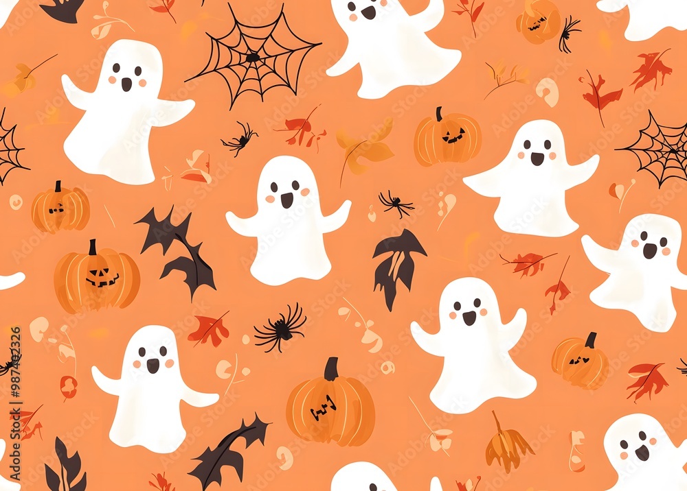 A seamless pattern of cute ghosts, pumpkins, and spider webs A seamless pattern of cute ghosts, pumpkins, and spider webs