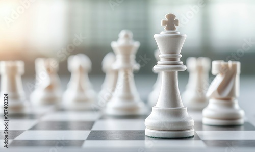 A close-up view of a white king chess piece positioned on a game board, symbolizing strategy and competition.