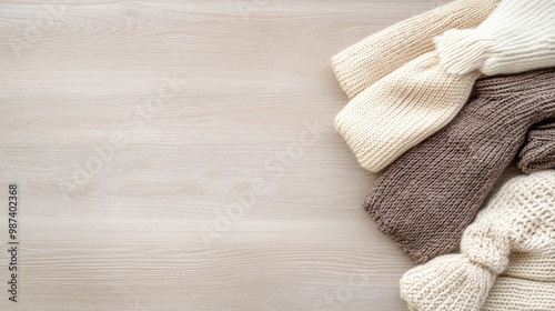 A stylish arrangement of winter accessories showcases a gray knitted hat, gloves, and a scarf on a white wooden background, capturing a cozy holiday spirit