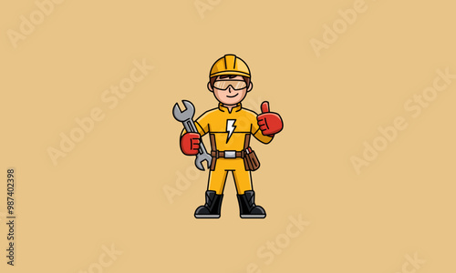 Confident construction worker with wrench and thumbs up vector.