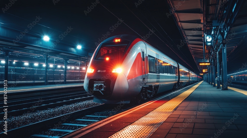 A nighttime shot of an electric train illuminated by platform lights as it arrives at a station, creating a dramatic and inviting atmosphere. A nighttime shot of an electric train illuminated by platform lights as it arrives at a station, creating a dramatic and inviting atmosphere.