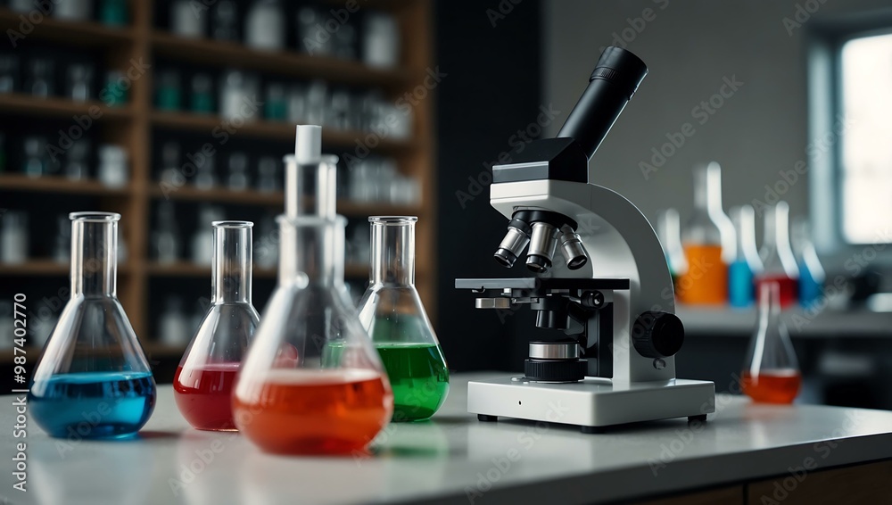 Modern lab scene with a microscope and colorful glassware. Modern lab scene with a microscope and colorful glassware.