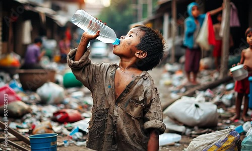 Struggling Child Drinking Water in Poverty-Stricken Environment | Global Poverty and Clean Water Access Crisis