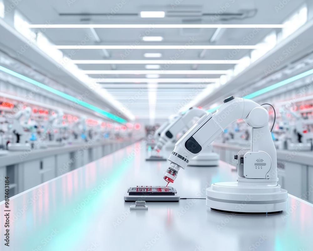 Assembly line for smartphones, sleek design with robotic arms and cleanroom environment Assembly line for smartphones, sleek design with robotic arms and cleanroom environment