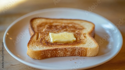 A perfectly toasted slice of bread, golden brown and crisp, placed on a clean white plate with a light butter spread, creating a simple yet inviting breakfast scene.