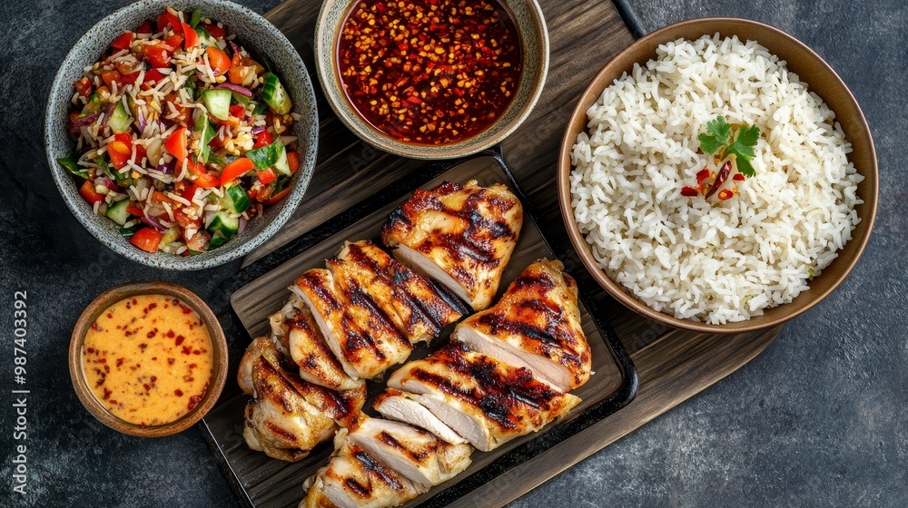 Vibrant Thai Street Food Set: Grilled Chicken, Spicy Papaya Salad, Jasmine Rice with Chili Sauce in Top-Down Shot Vibrant Thai Street Food Set: Grilled Chicken, Spicy Papaya Salad, Jasmine Rice with Chili Sauce in Top-Down Shot