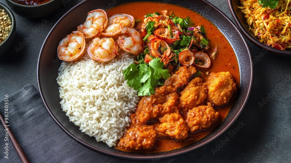 Thai Culinary Delight - Red Curry, Jasmine Rice, Fried Chicken, Spicy Seafood Salad with Cilantro Garnish Thai Culinary Delight - Red Curry, Jasmine Rice, Fried Chicken, Spicy Seafood Salad with Cilantro Garnish