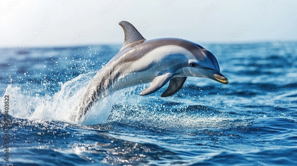 Obraz premium A playful dolphin leaping out of the clear blue ocean, creating a splash as it plays under the bright sun, capturing the joy of marine life.