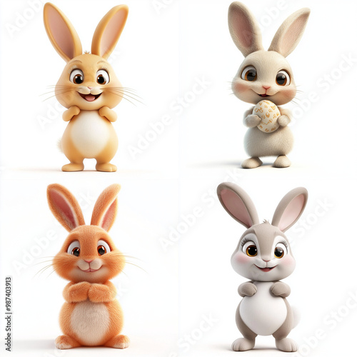 3D Cartoon Cute Funny Easter Bunny Isolated on White Background