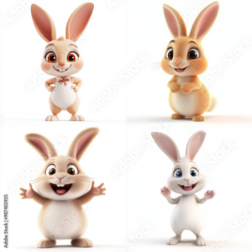 3D Cartoon Cute Funny Easter Bunny Isolated on White Background