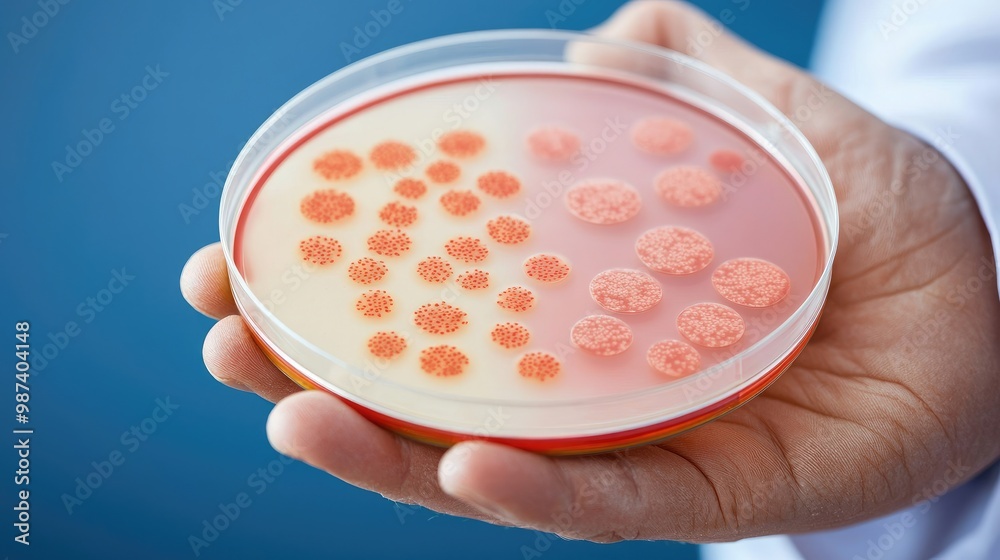 A scientist holds a petri dish with cultured colonies, showcasing growth patterns of bacteria in a laboratory setting. A scientist holds a petri dish with cultured colonies, showcasing growth patterns of bacteria in a laboratory setting.